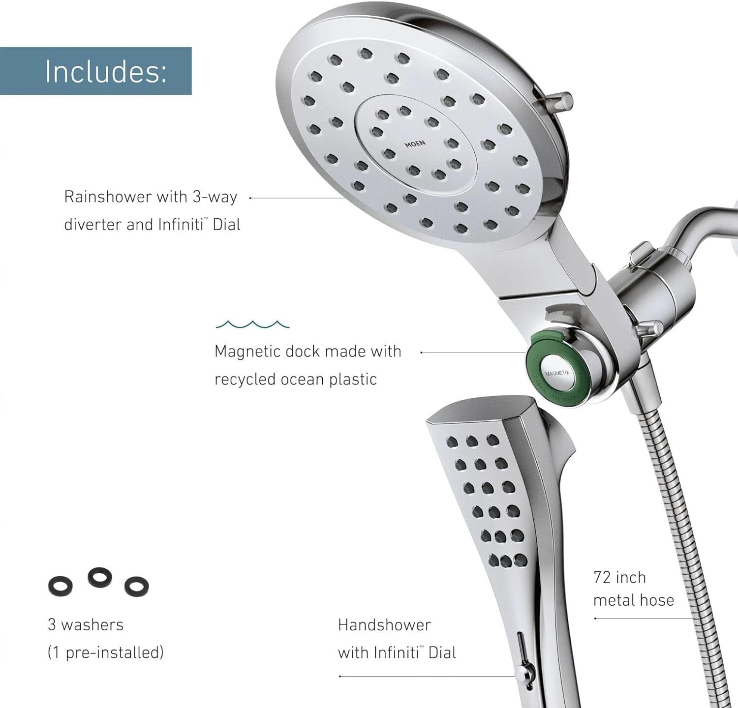 Moen 220C3 Chrome Verso Eight-Function 7 Round Shower Spray Head with Handshower