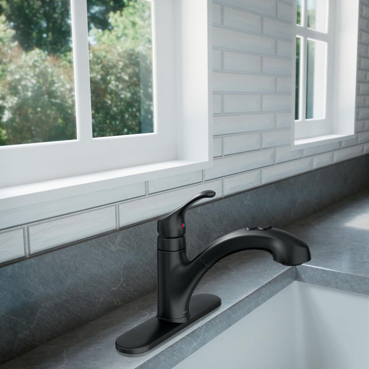 Moen CA87316BL Renzo 1-Handle Deck Mount Pull-Out Kitchen Faucet - Matte Black