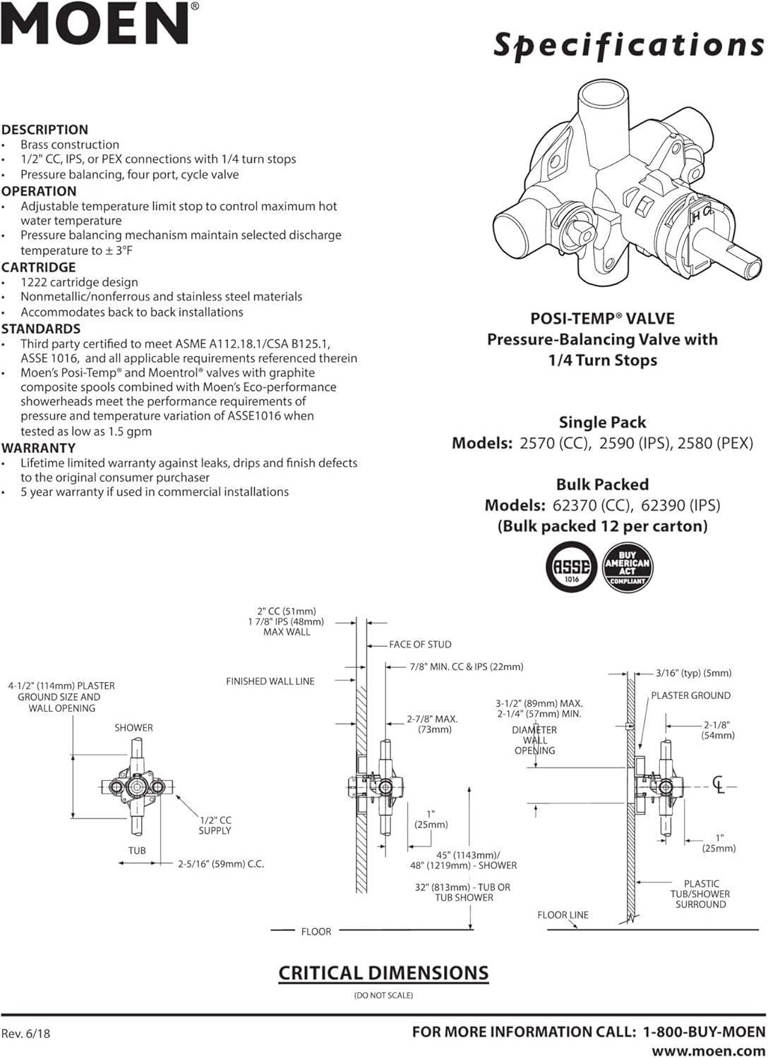 Moen 2580 Posi-Temp Tub & Shower Rough-In Valve-1/2" Crimp Ring PEX Connection