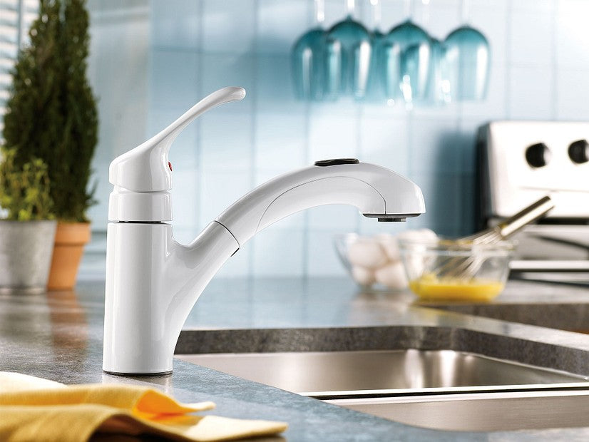 Moen CA87316W Renzo 1-Handle Low Arc Pullout Kitchen Faucet - Glacier White