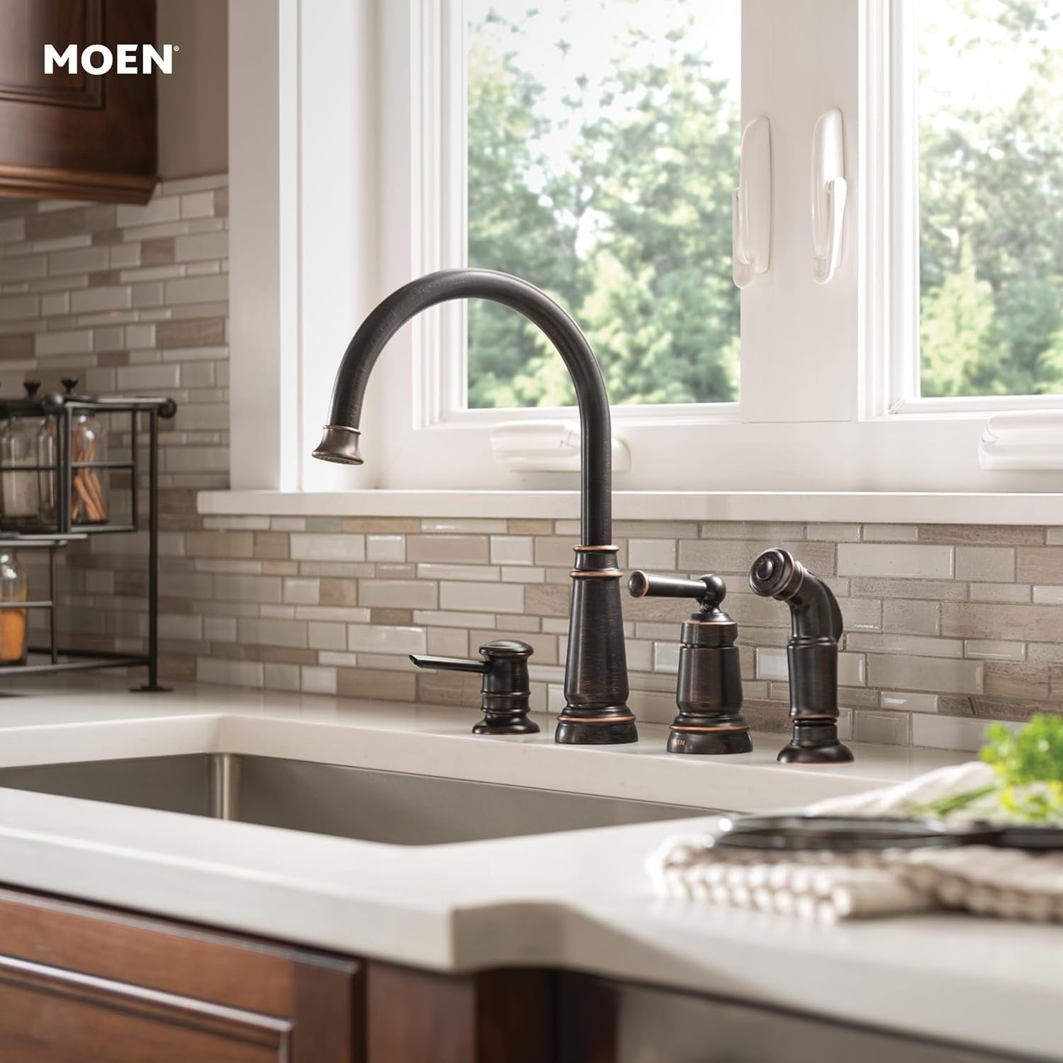Moen 87042BRB Edison Kitchen Faucet With Sprayer & Soap - Mediterranean Bronze