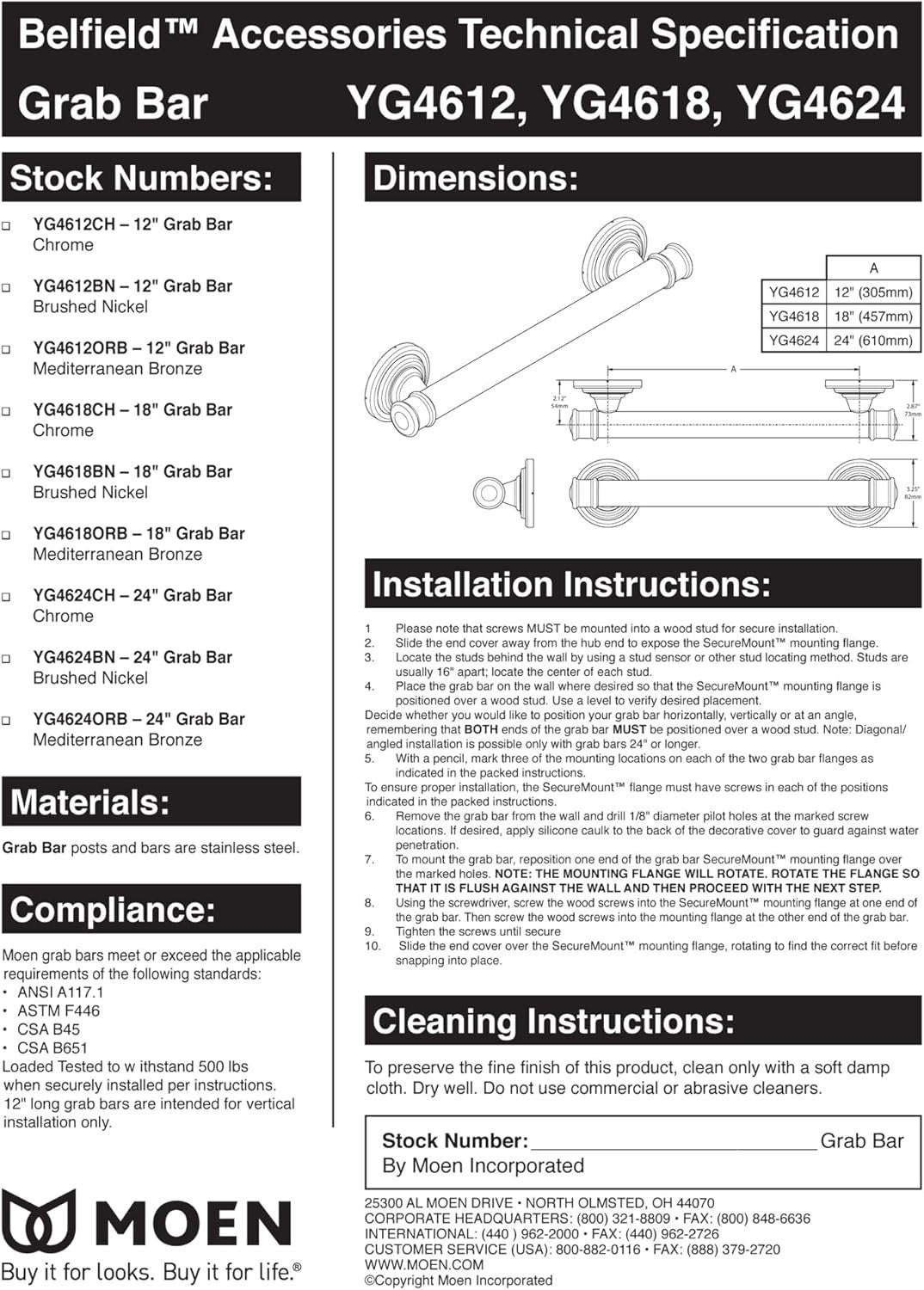 Moen YG6418NL Belfield 18" Bathroom Safety Grab Bar - Polished Nickel