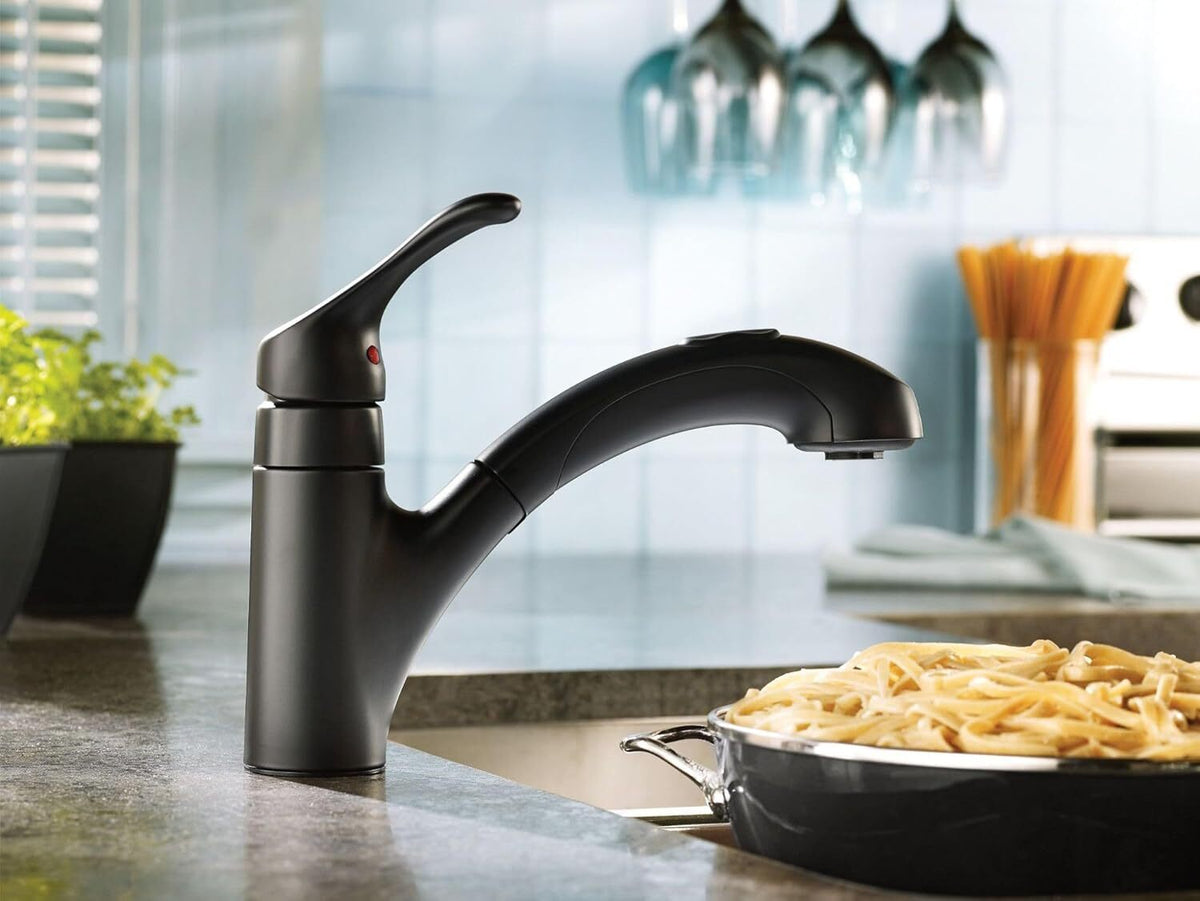 Moen CA87316BL Renzo 1-Handle Deck Mount Pull-Out Kitchen Faucet - Matte Black