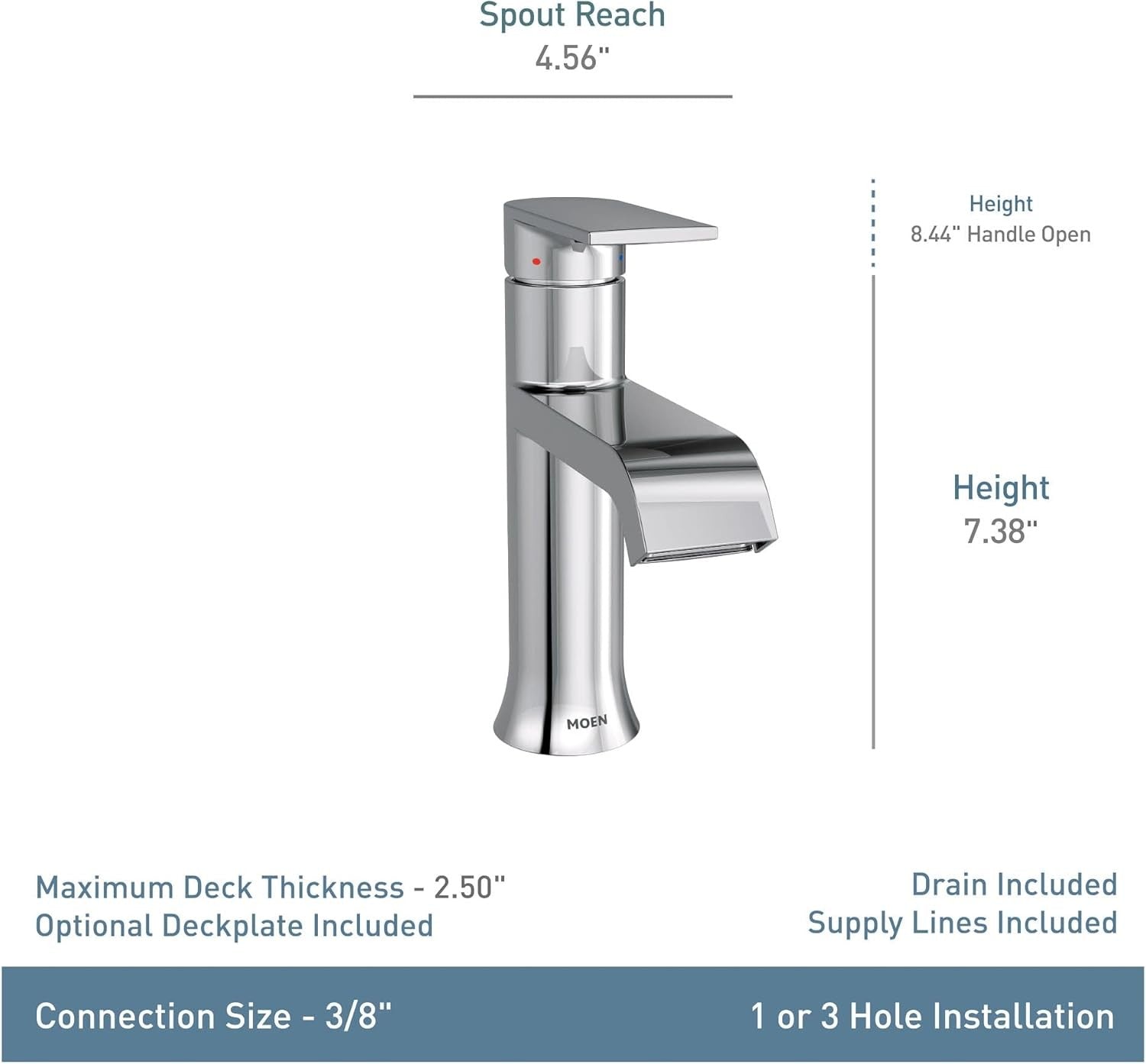 Moen WS84760 GENTA Chrome 1-Hole Handle Centerset Bathroom Faucet w/ DRAIN