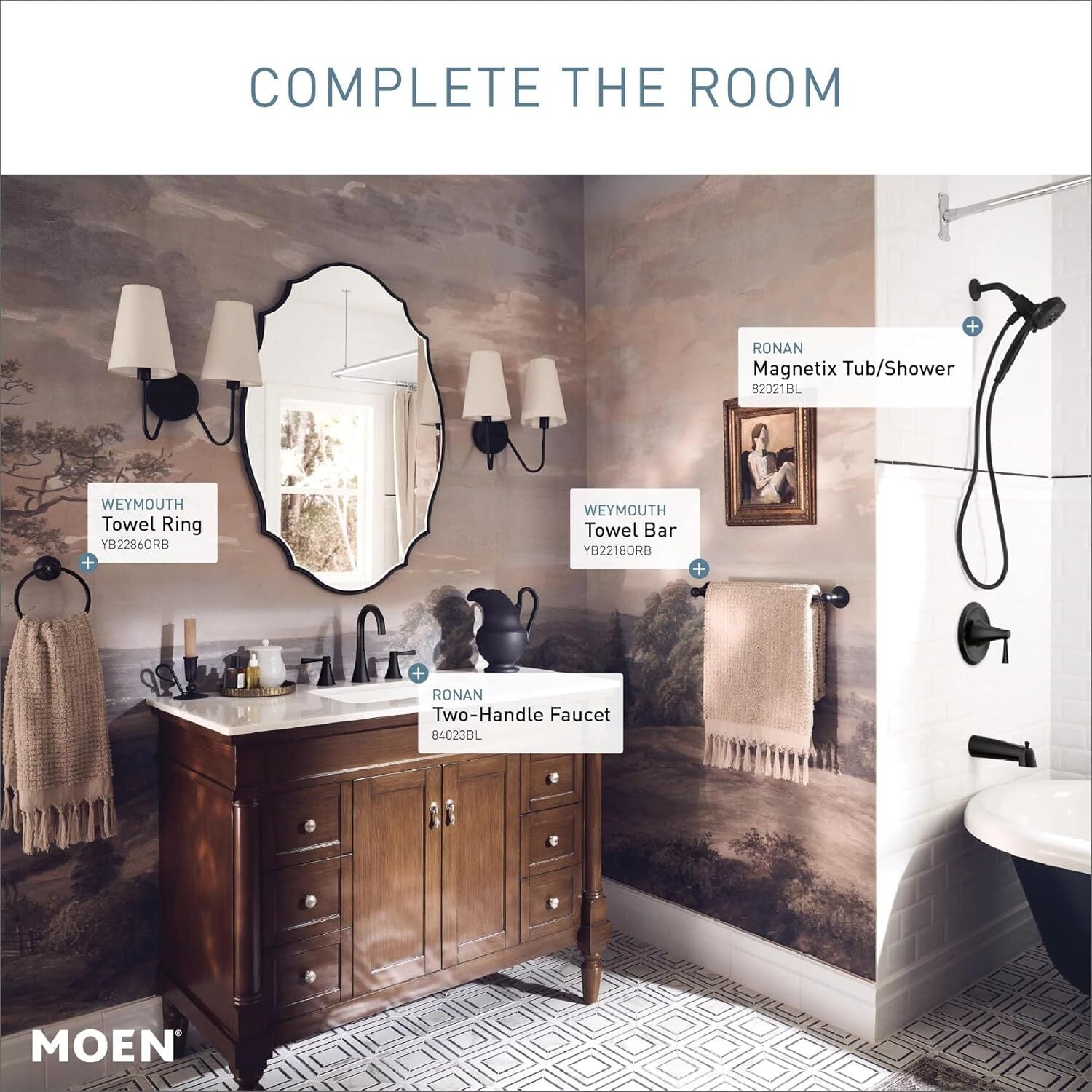 MOEN Ronan Single Handle 6-Spray Tub&Faucet 1.75GPM Magnetix Rain Shower 82021BL