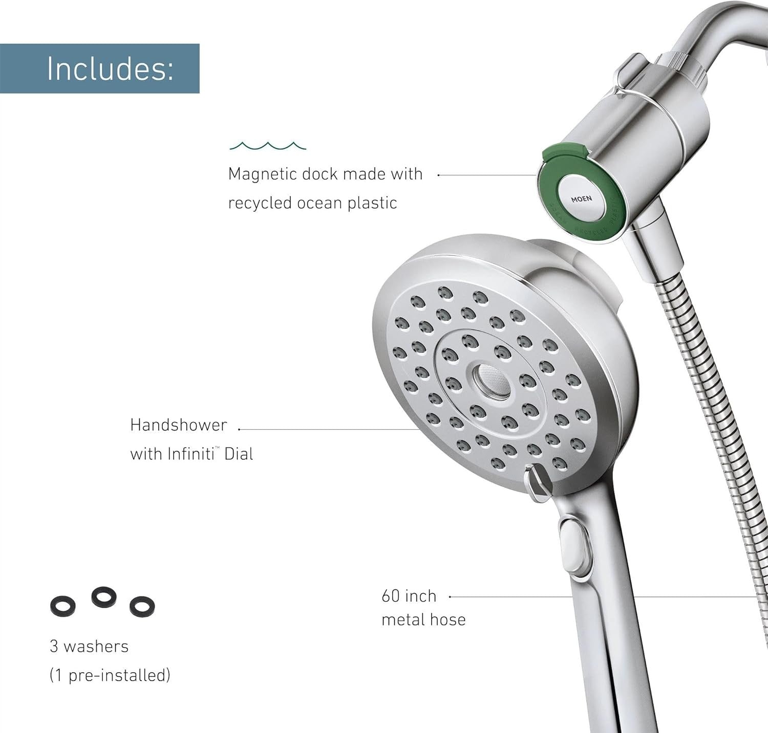 Moen 220H2EP Verso Handshower, Detachable Round Shower Head & 60" Hose - Chrome