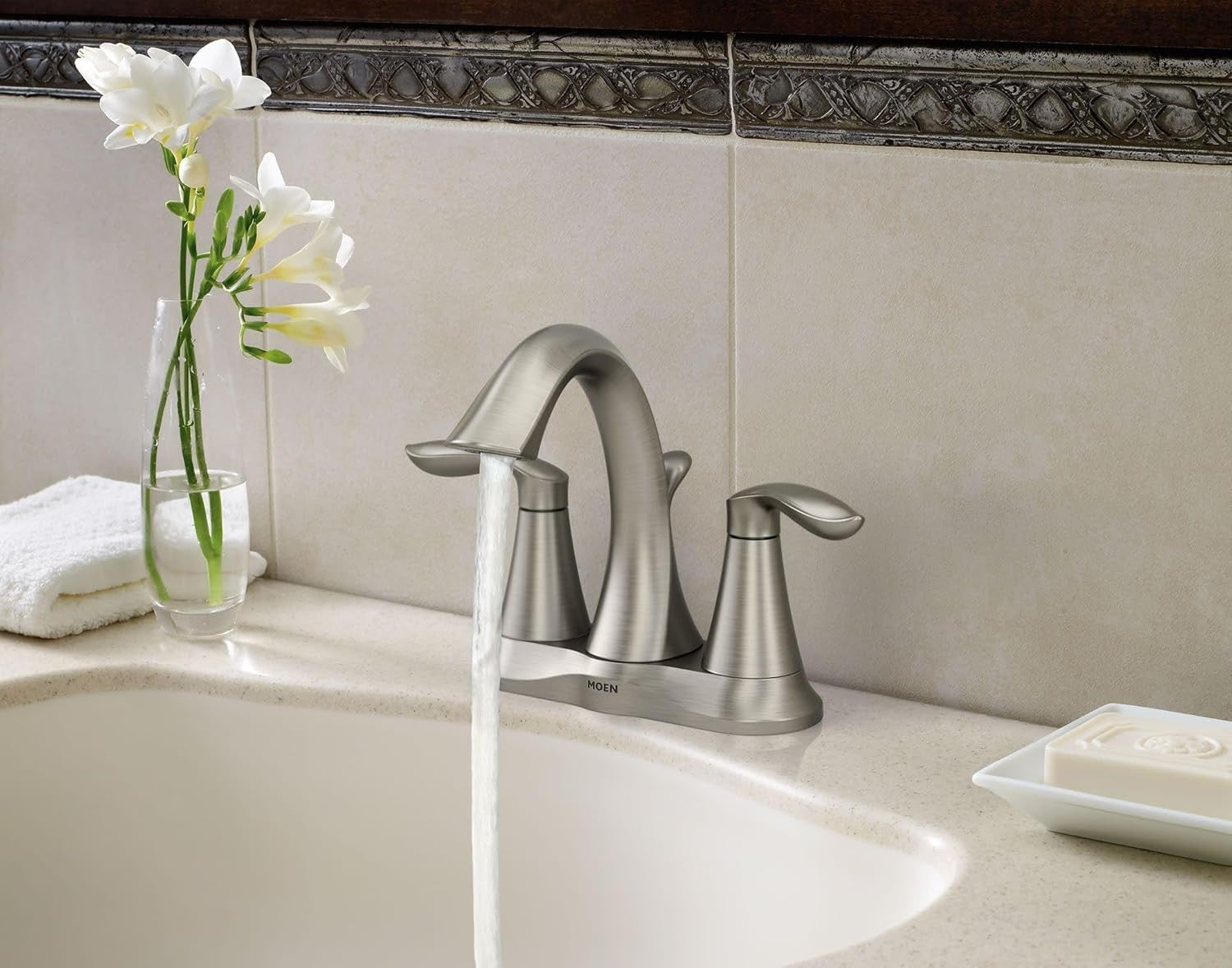 MOEN Eva Brushed Nickel Two-Handle High Arc Bathroom Faucet 4-Inch Center 6410BN