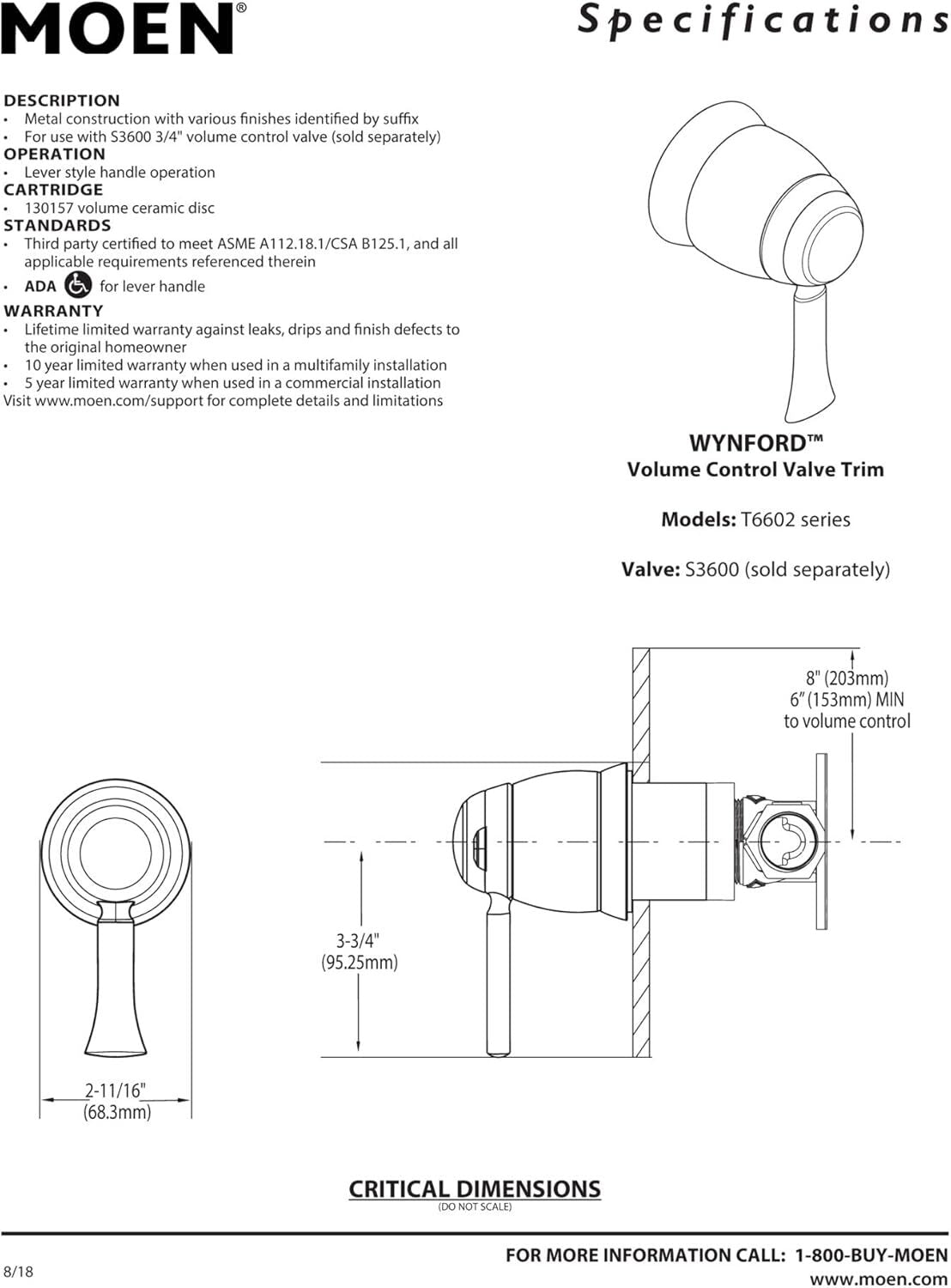 Moen T6602ORB Wynford ExactTemp 3/4”Volume Control Valve Trim Oil Rubbed Bronze