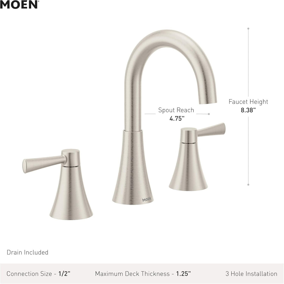 MOEN Ronan 84023SRN 2-Handle Modern Bathroom Faucet - Spot Resist Brushed Nickel