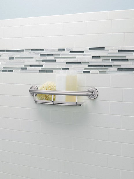 Moen LR2356DCH 16" Screw-in Curved Shower Bathroom Grab Bar With Shelf - Chrome
