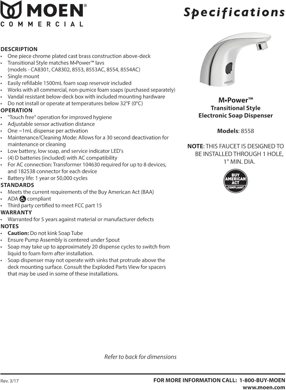 Moen 8558 Chrome M-Power Electronic Touchless Soap Dispenser