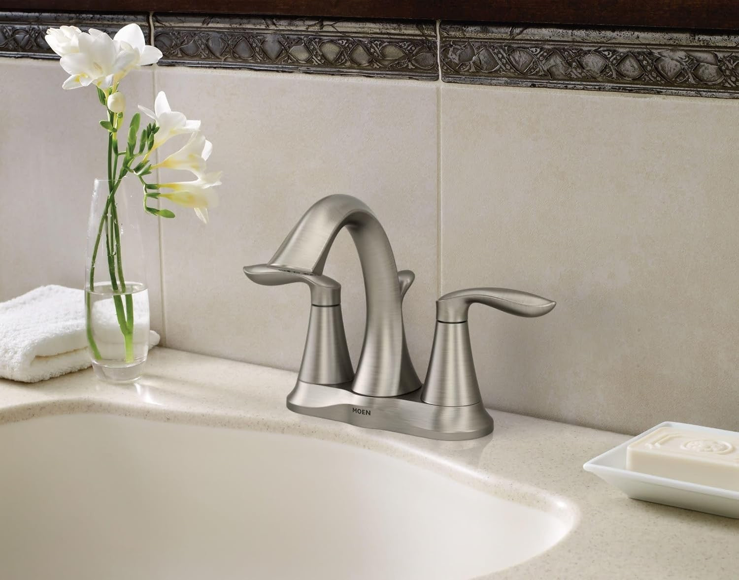MOEN Eva Brushed Nickel Two-Handle High Arc Bathroom Faucet 4-Inch Center 6410BN
